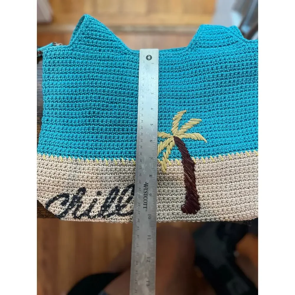 The Sak Crochet Teal Brown Embroidered Chill Palm Tree Shoulder Bag Vacation